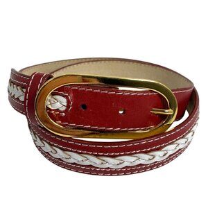 Oscar de La Renta Red White Leather Braided Belt Women SZ L Gold Tone Buckle EUC
